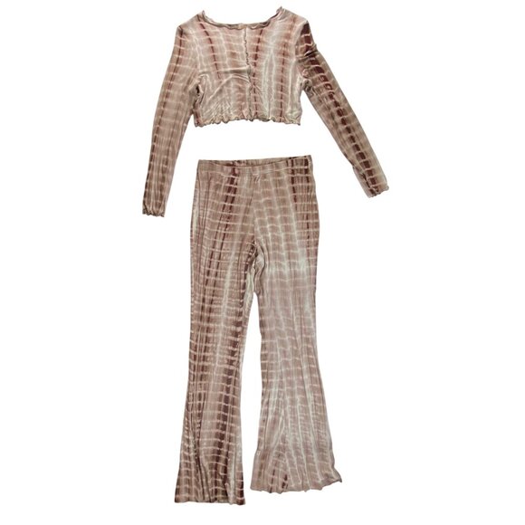 Two-Piece Brown White Tie-Dye‎ Set Top Pants Casual Petite Large Hippie Y2K Rave - Picture 5 of 9